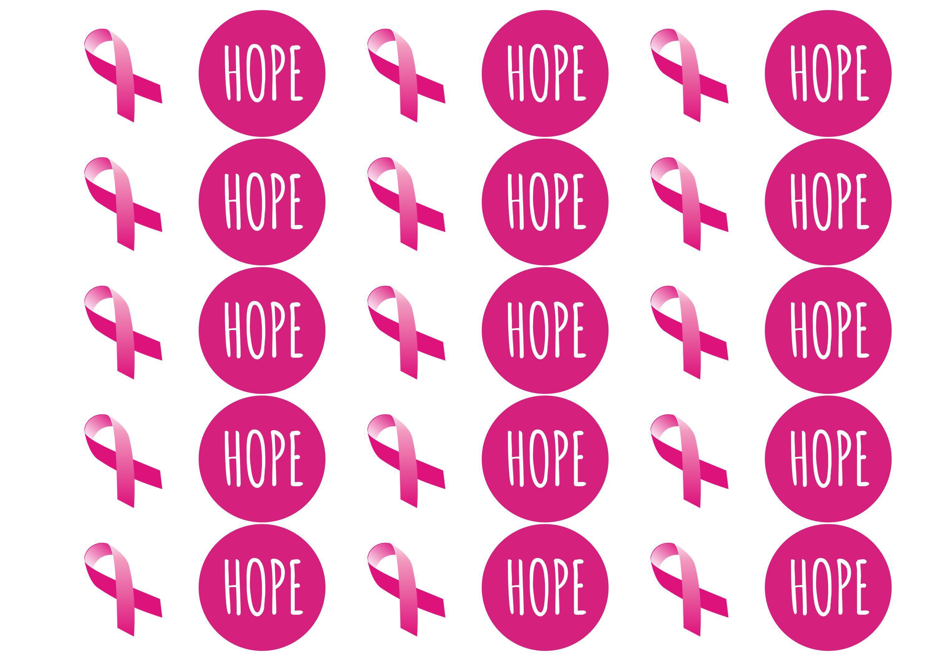 30 edible cupcake toppers with a pink ribbon and hope for breast cancer