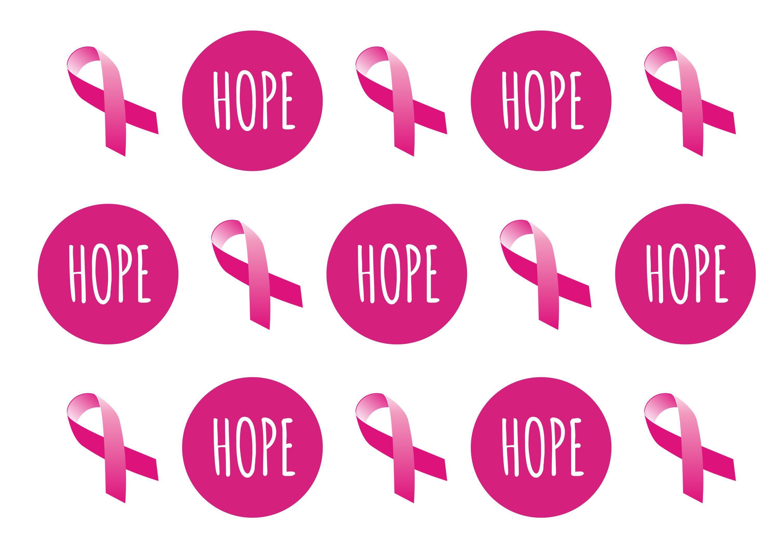 15 printed toppers with the pink ribbon and hope for breast cancer
