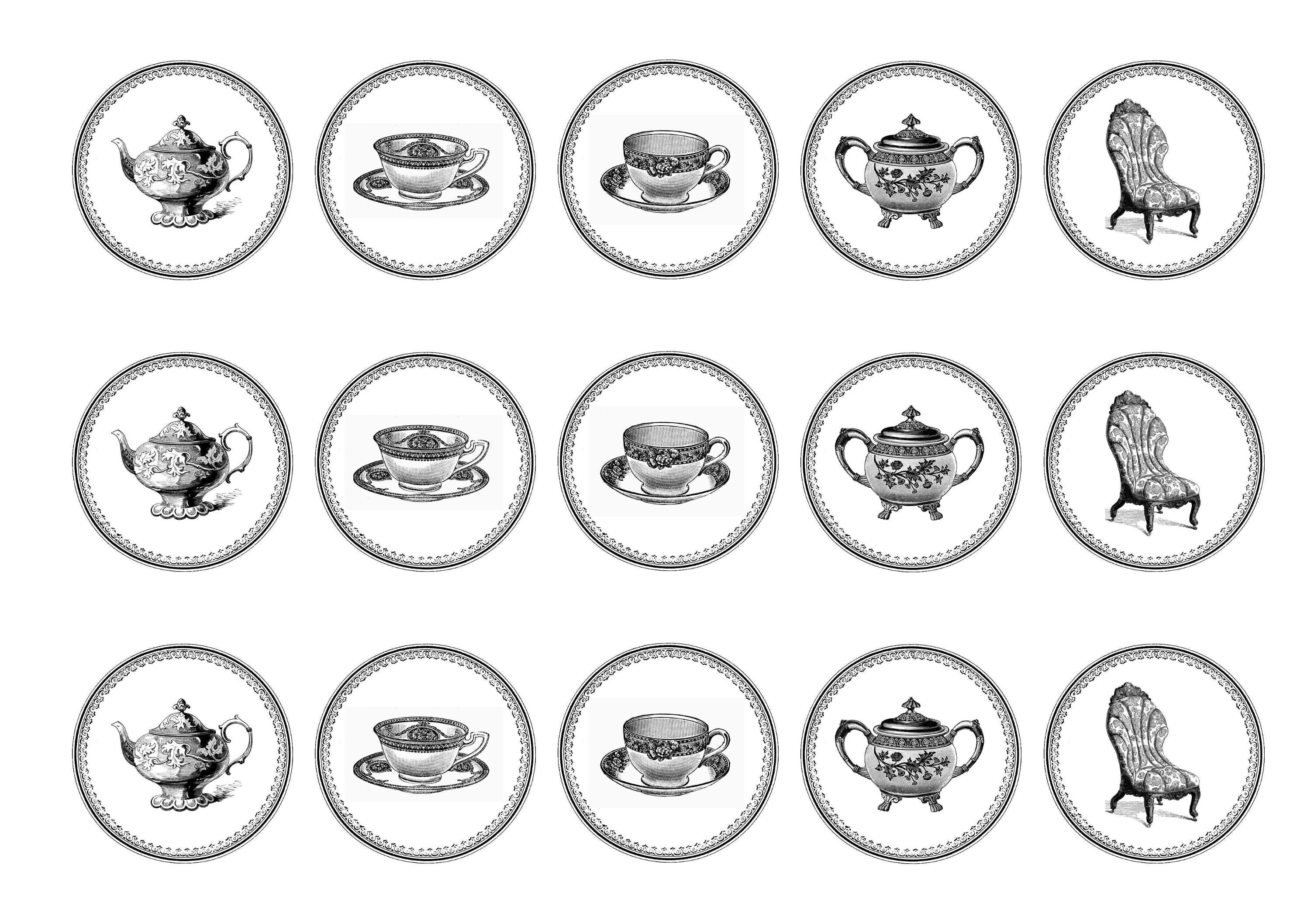 15 printed cupcake toppers with teatime images